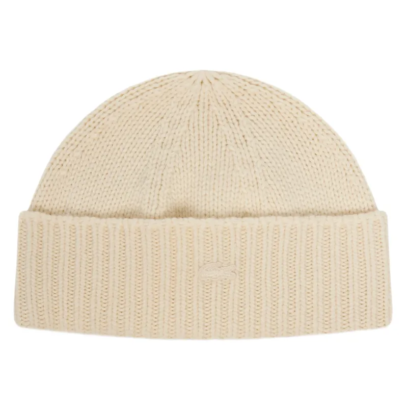 Lacoste 3D Rib Knit Wool Beanie - ecru white