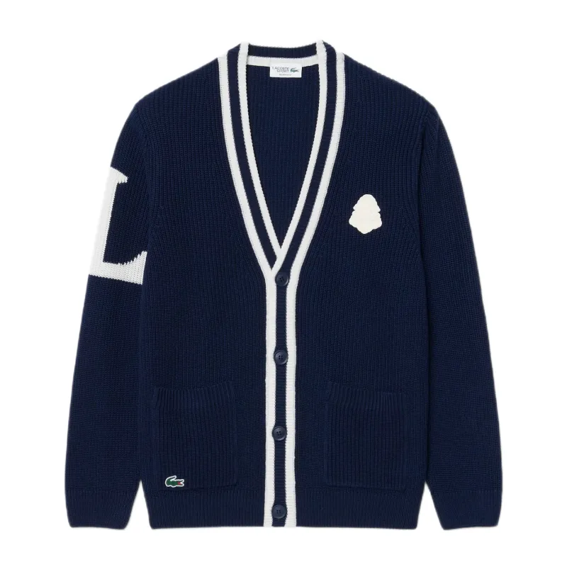 Lacoste Badge Accent Wool Blend Golf Cardigan - navy blue/flour