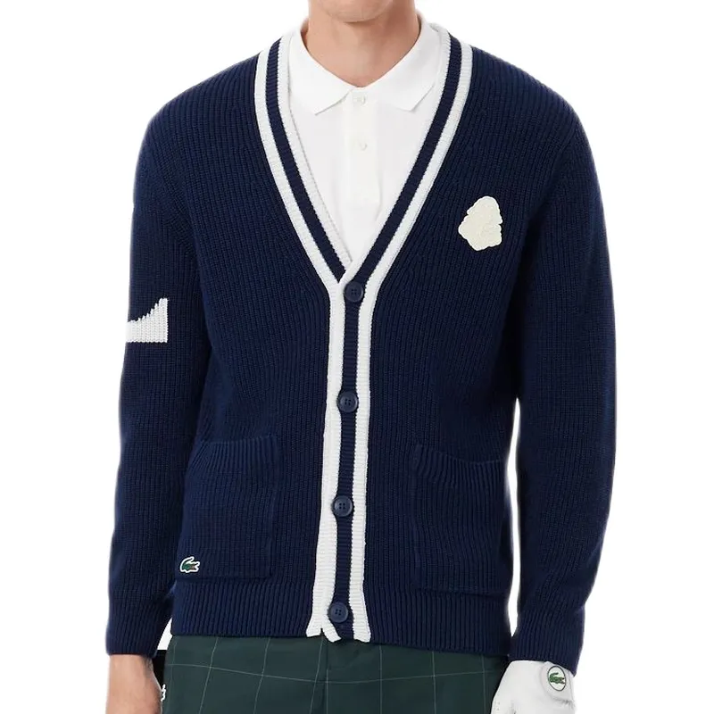 Lacoste Badge Accent Wool Blend Golf Cardigan - navy blue/flour