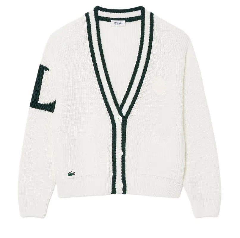 Lacoste Badge Accent Wool Blend Golf Cardigan - white/green