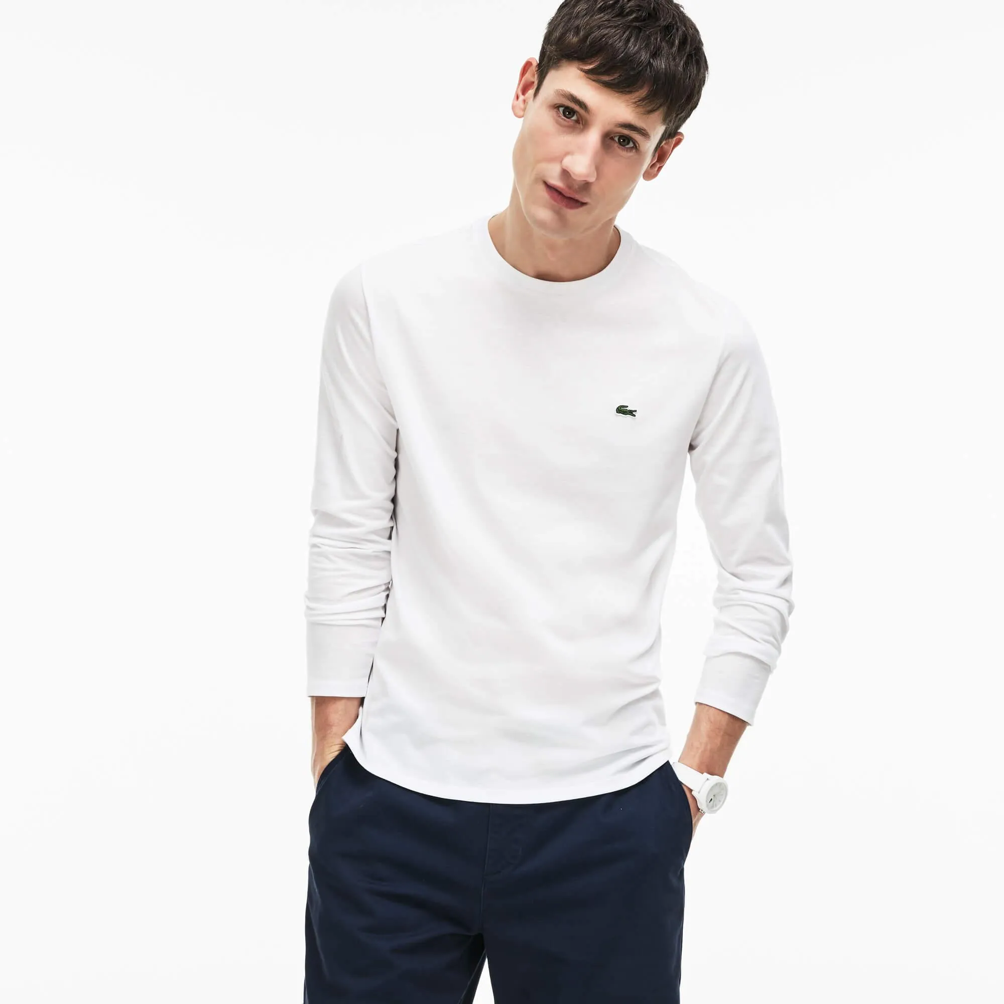 Lacoste Men's Crew Neck Pima Cotton Jersey T-shirt Long Sleeve - white