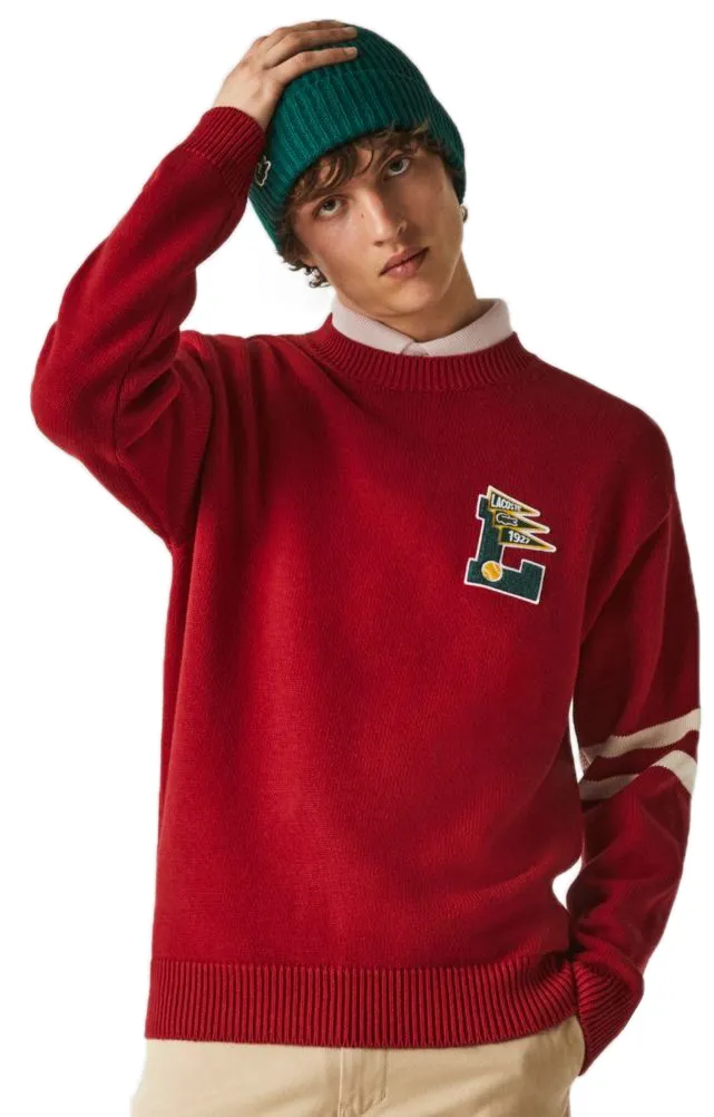 Lacoste Men’s Crew Neck Pennants L Badge Wool And Cotton Sweater - red/beige Lacoste Men’s Crew Neck Pennants L Badge Wool And Cotton Sweater - red/beige