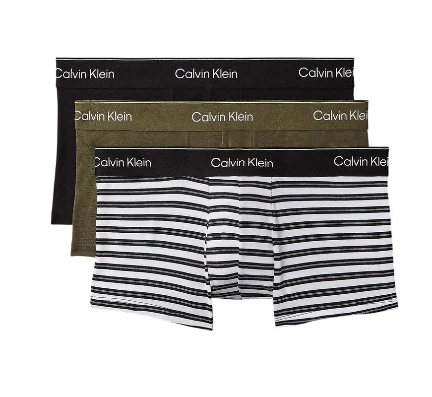 Calvin Klein Icon Cotton Stretch Script Low Rise Trunks 3P - black/triple stripe black/olive night