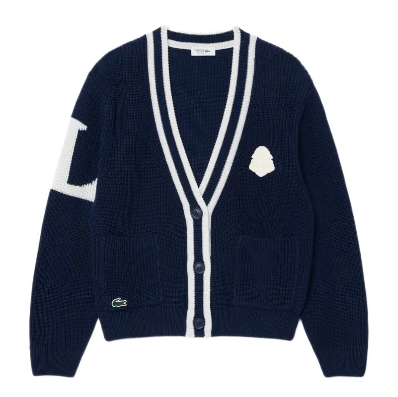Lacoste Badge Accent Wool Blend Golf Cardigan - navy blue/white