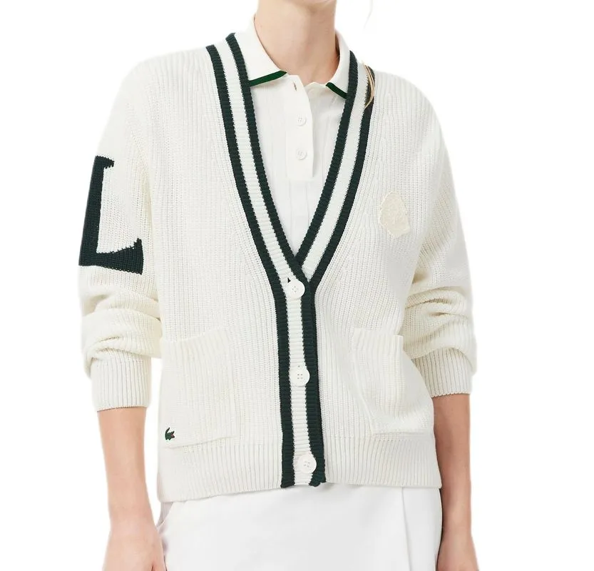 Lacoste Badge Accent Wool Blend Golf Cardigan - white/green