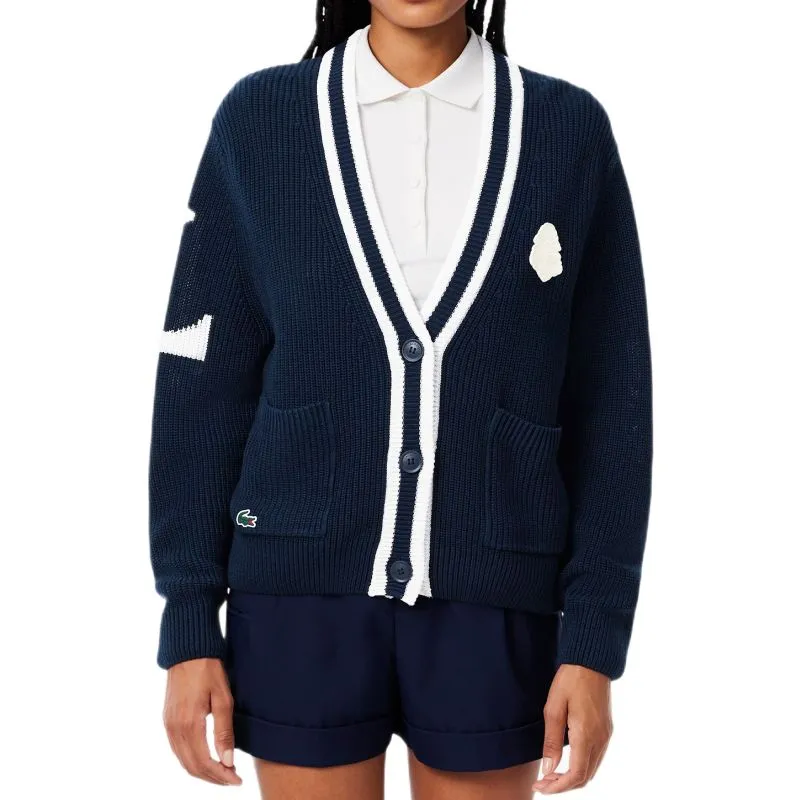Lacoste Badge Accent Wool Blend Golf Cardigan - navy blue/white