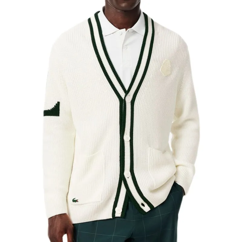Lacoste Badge Accent Wool Blend Golf Cardigan - white/green