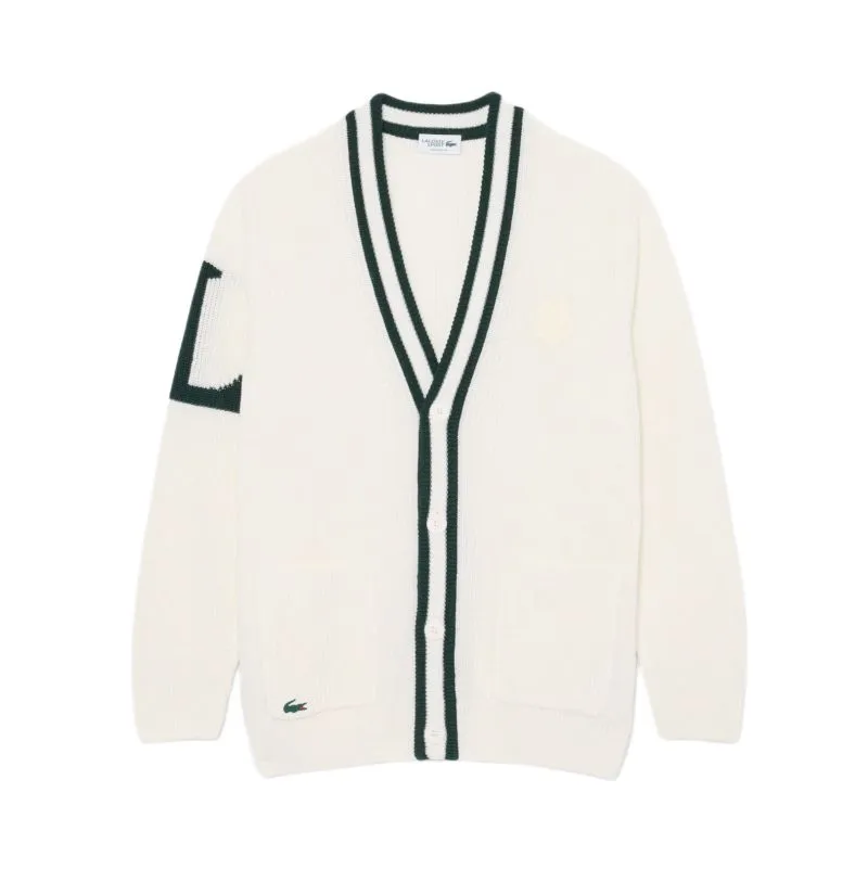 Lacoste Badge Accent Wool Blend Golf Cardigan - white/green