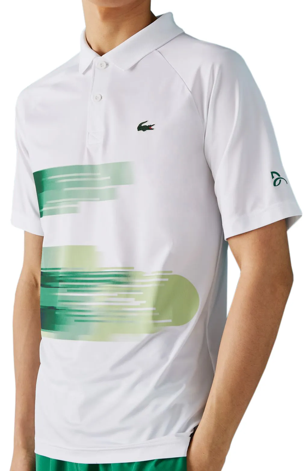 Lacoste Men's SPORT Novak Djokovic Print Stretch Polo - white/green Lacoste Men's SPORT Novak Djokovic Print Stretch Polo - white/green